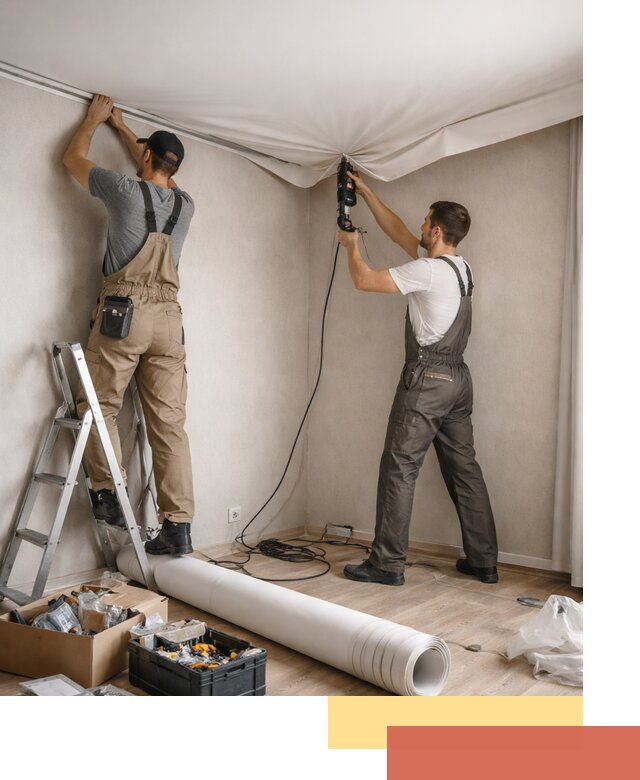 Монтаж цветного натяжного потолка в отрадном за один день