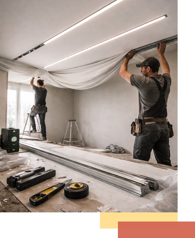 Монтаж натяжных потолков со световыми линиями в отрадном