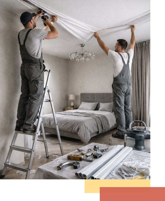 Монтаж натяжного потолка в спальне в отрадном